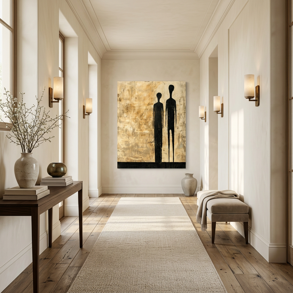 oversized abstract art on the wall at the end of a pale hallway featuring male and female silhouettes with bronze and glass wall sconces, beige linen and wood bench, wooden table