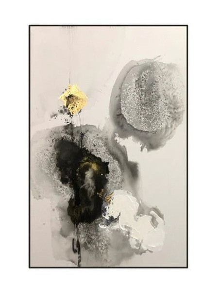 Abstract art piece with metallic gold and black and white elements on a beige background