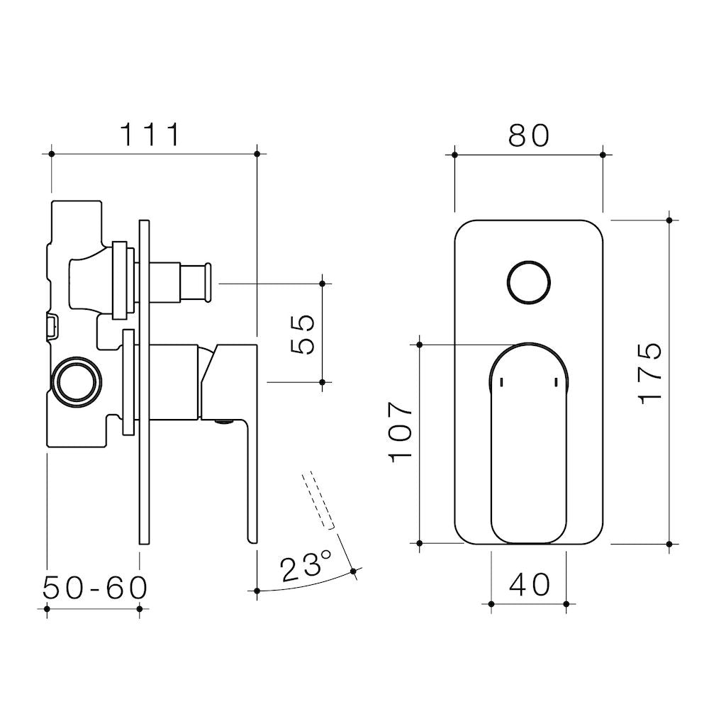 Caroma Luna bath and shower mixer with diverter technical drawings