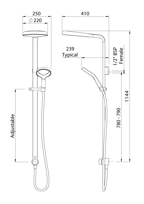 Methven Aurajet Aio shower system technical drawing