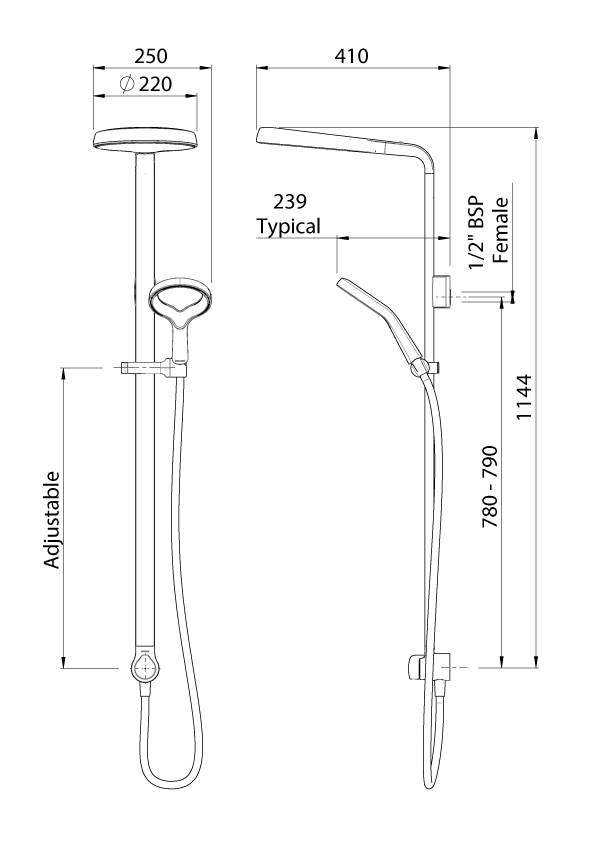 Methven Aio Aurajet  shower system technical drawing