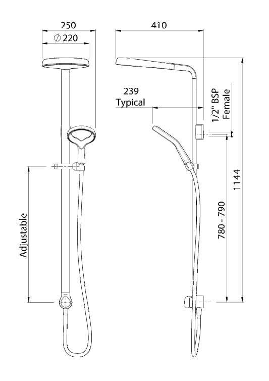 Methven Aio Aurajet  shower system technical drawing