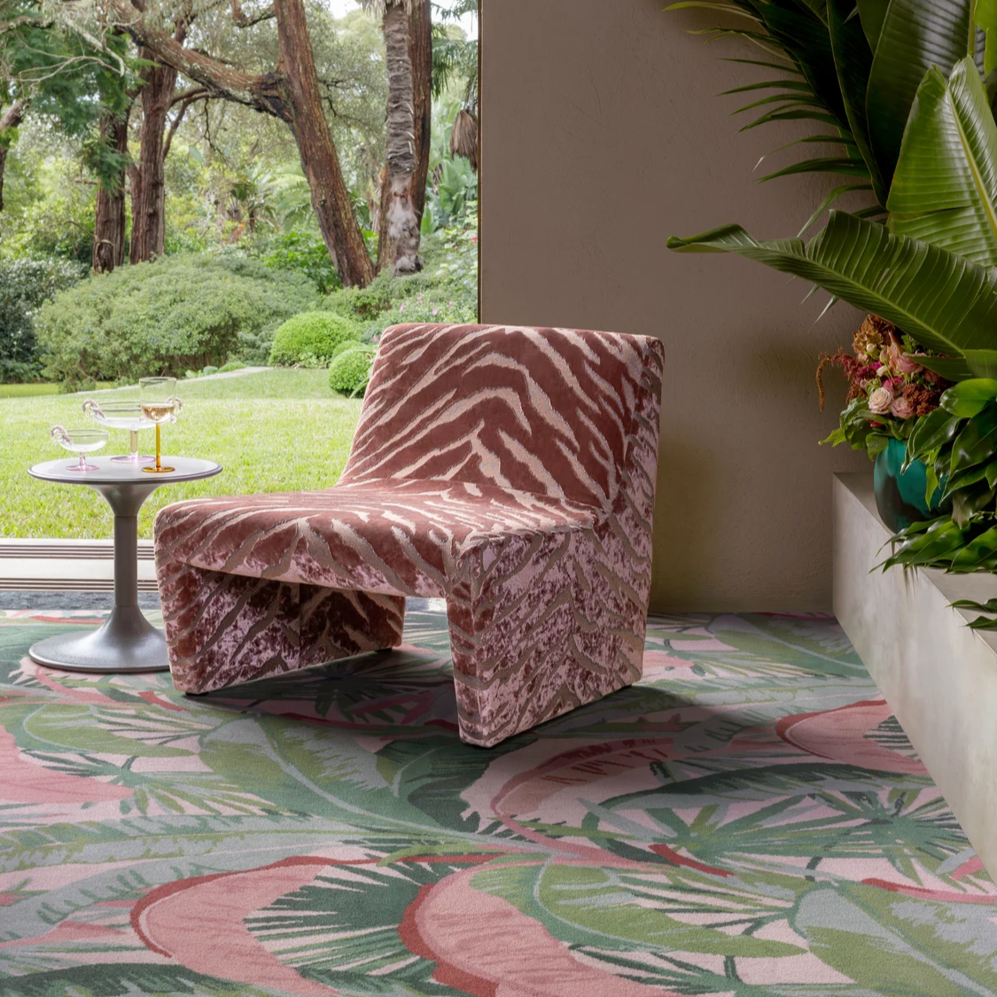 Bengal fabric in whiskey in a lifestyle shot with a pink and green carpet