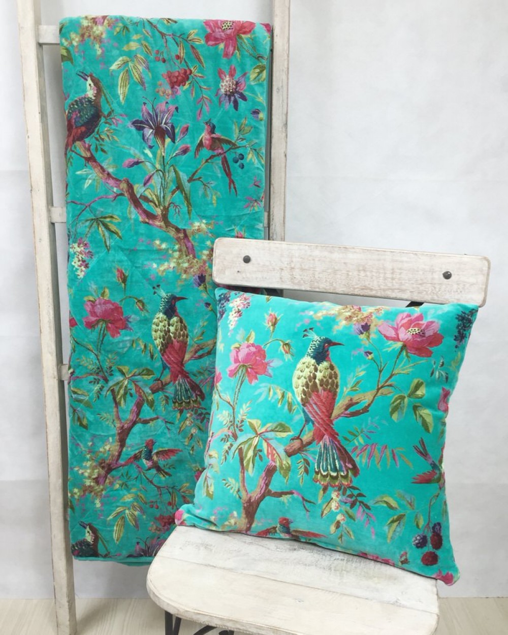 Paradise aqua velvet cushion and throw