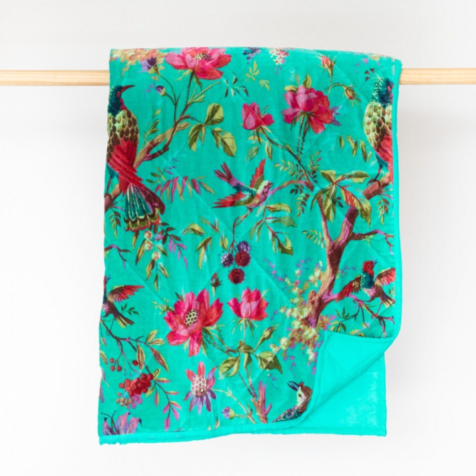 bird of paradise velvet throw aqua green