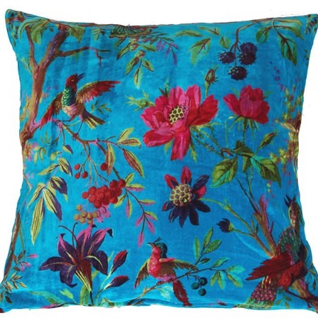 Paradise turquoise velvet cushion with bird of paradise pattern