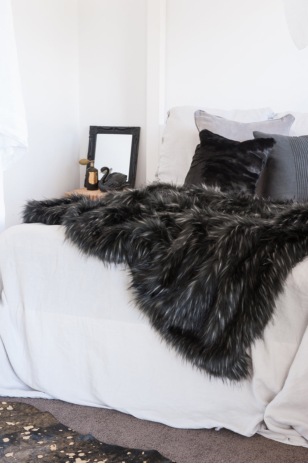 Imitation fake fur throw - Heirloom faux fur throw and cushions  in Ebony Plume Black SKU FEPT18