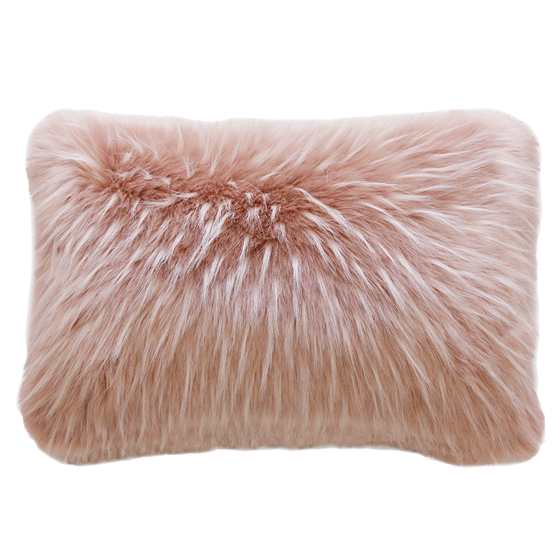 Imitation faux fur cushion in pink Peony Plume by Heirloom, Furtex. Fake fur cushions for New Zealand interiors