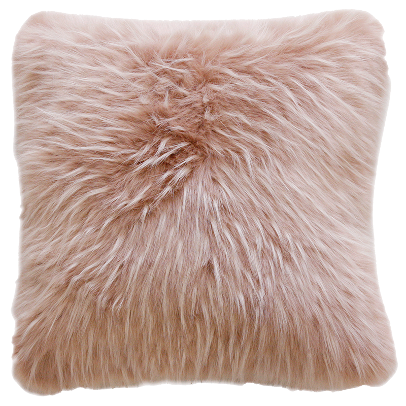 Imitation faux fur cushion in pink Peony Plume by Heirloom, Furtex. Fake fur cushions for New Zealand interiors