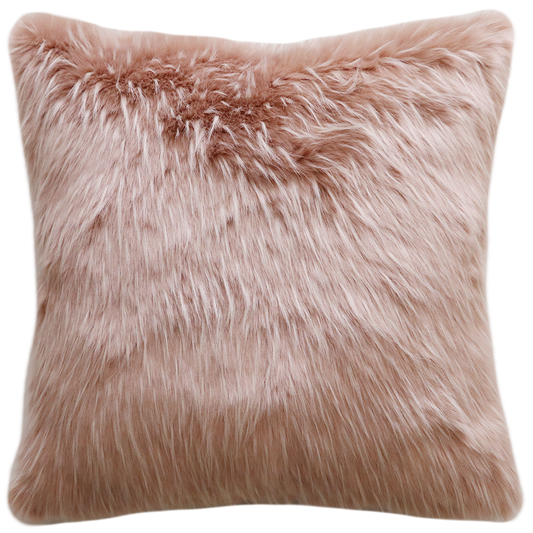 Imitation faux fur cushion in pink Peony Plume by Heirloom, Furtex. Fake fur cushions for New Zealand interiors