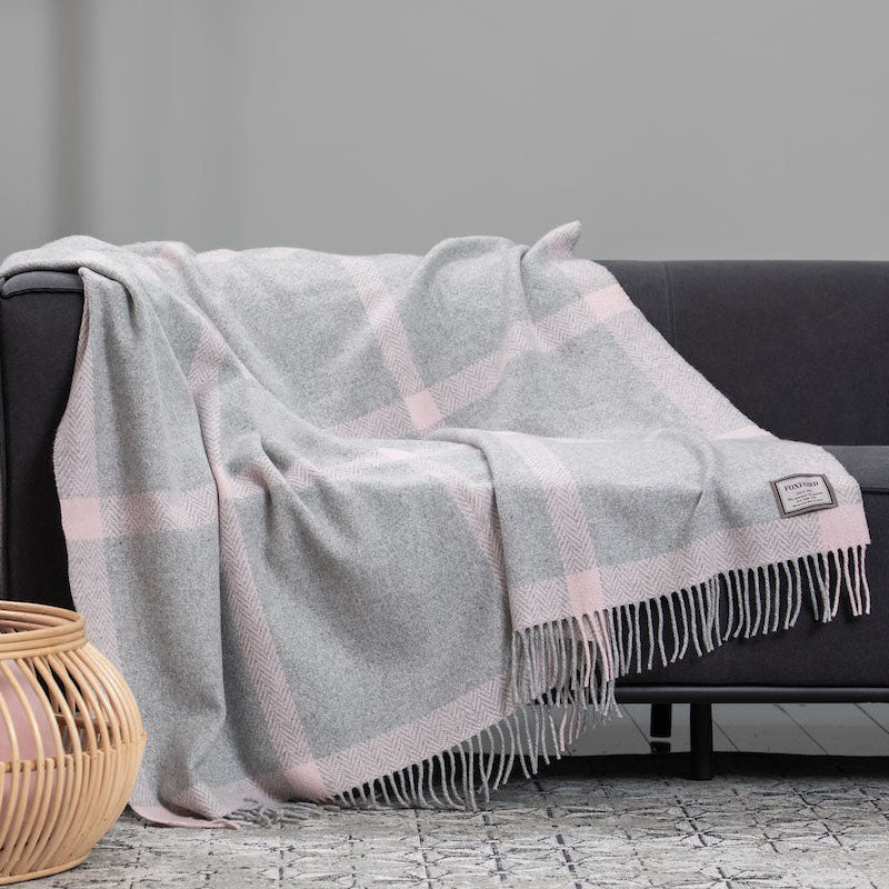 Cashmere and wool window pane throw from Foxford in pink and grey