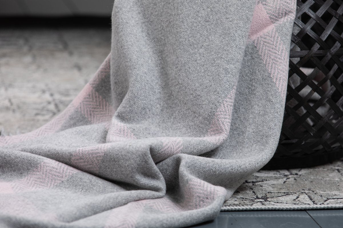 Cashmere and wool window pane throw from Foxford in pink and grey