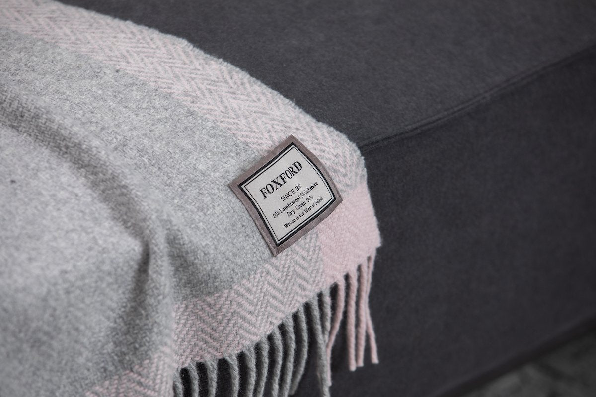 Cashmere and wool window pane throw from Foxford in pink and grey
