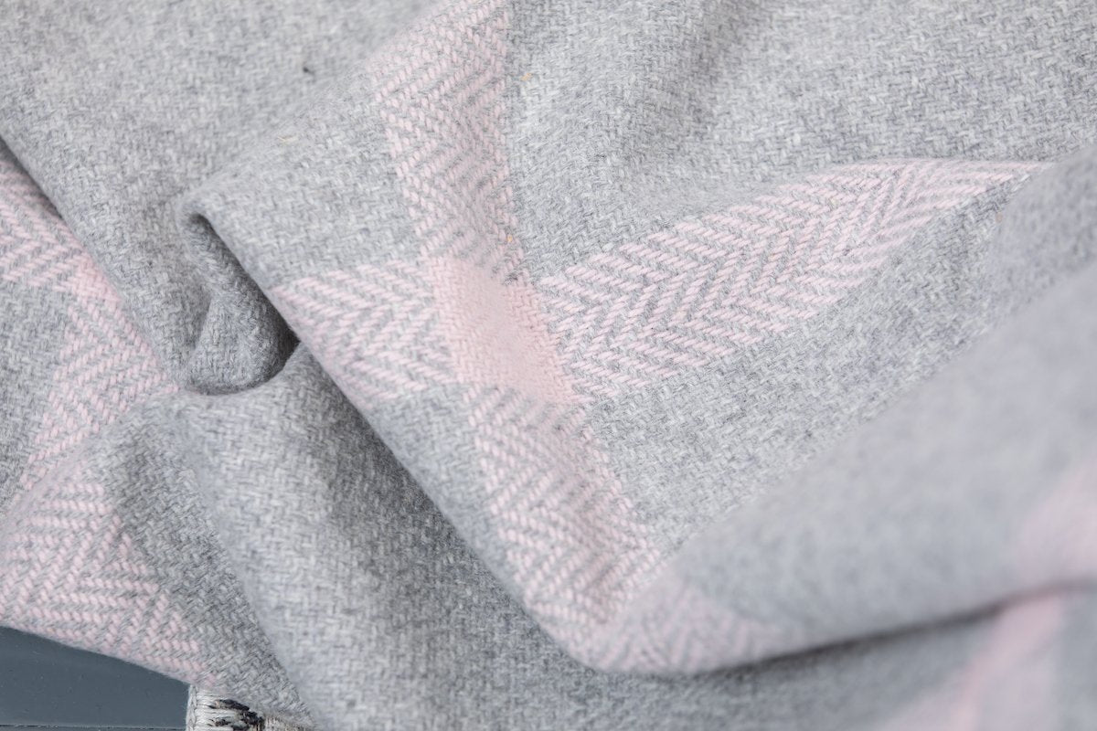 Cashmere and wool window pane throw from Foxford in pink and grey