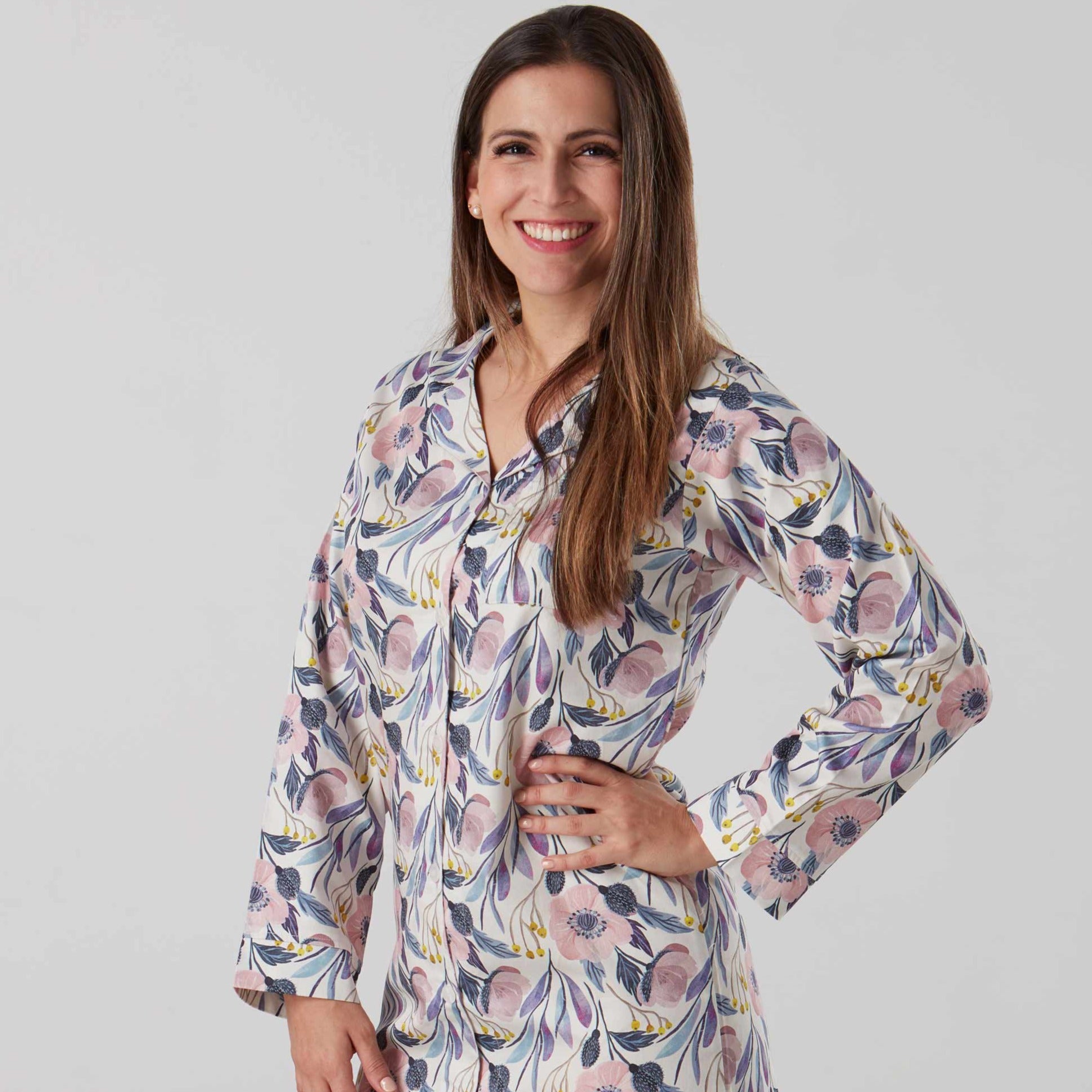 Luxurious sateen night shirt and robe in pink and blue floral - special ladies gift with matching pyjamas