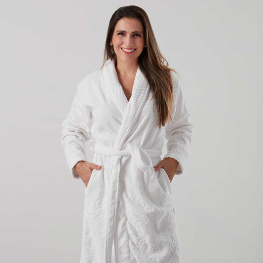 Velour and Terry Cotton bath robe dressing gown in white - luxury sleepwear from Baksana