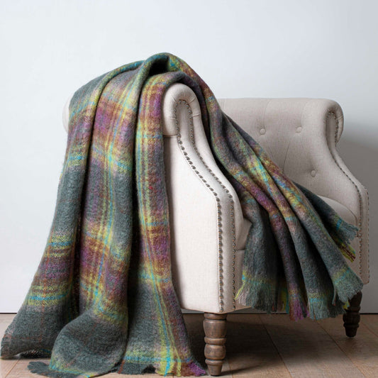 Soft Mohair luxury throws from Glamorous Goat.  Mohair throw in Aspiring Forest green and yellow check available at My Sanctuary