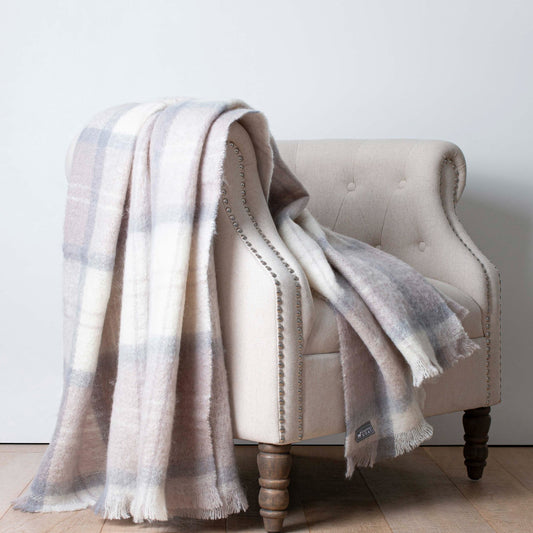 Soft Mohair luxury throws from Glamorous Goat in Wanaka Earth beige and grey chec.  Angora kid mohair throws available at My Sanctuary