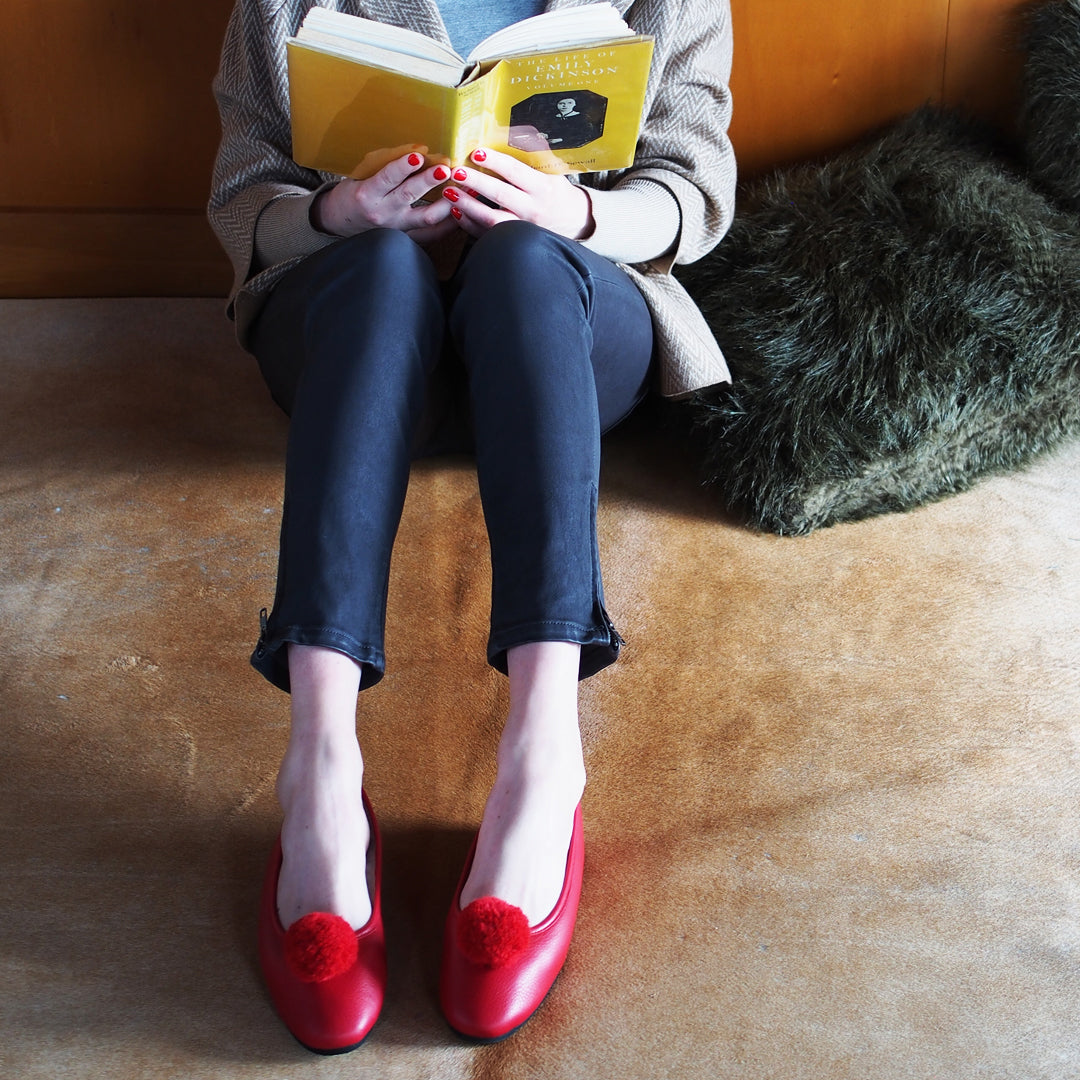 Italian Leather Ballet Slippers in red with a pom pom, wool lining and rubber sole. Luxury slippers from My Sanctuary