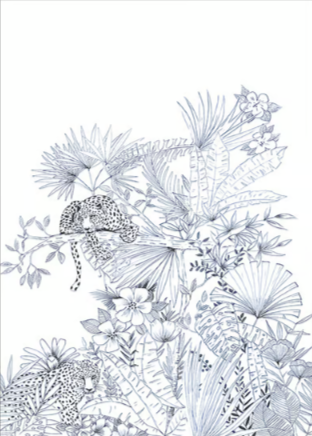 Kenya Wall panel from James Dunlop, Cheetahs and exotic floral in a line drawing on white background