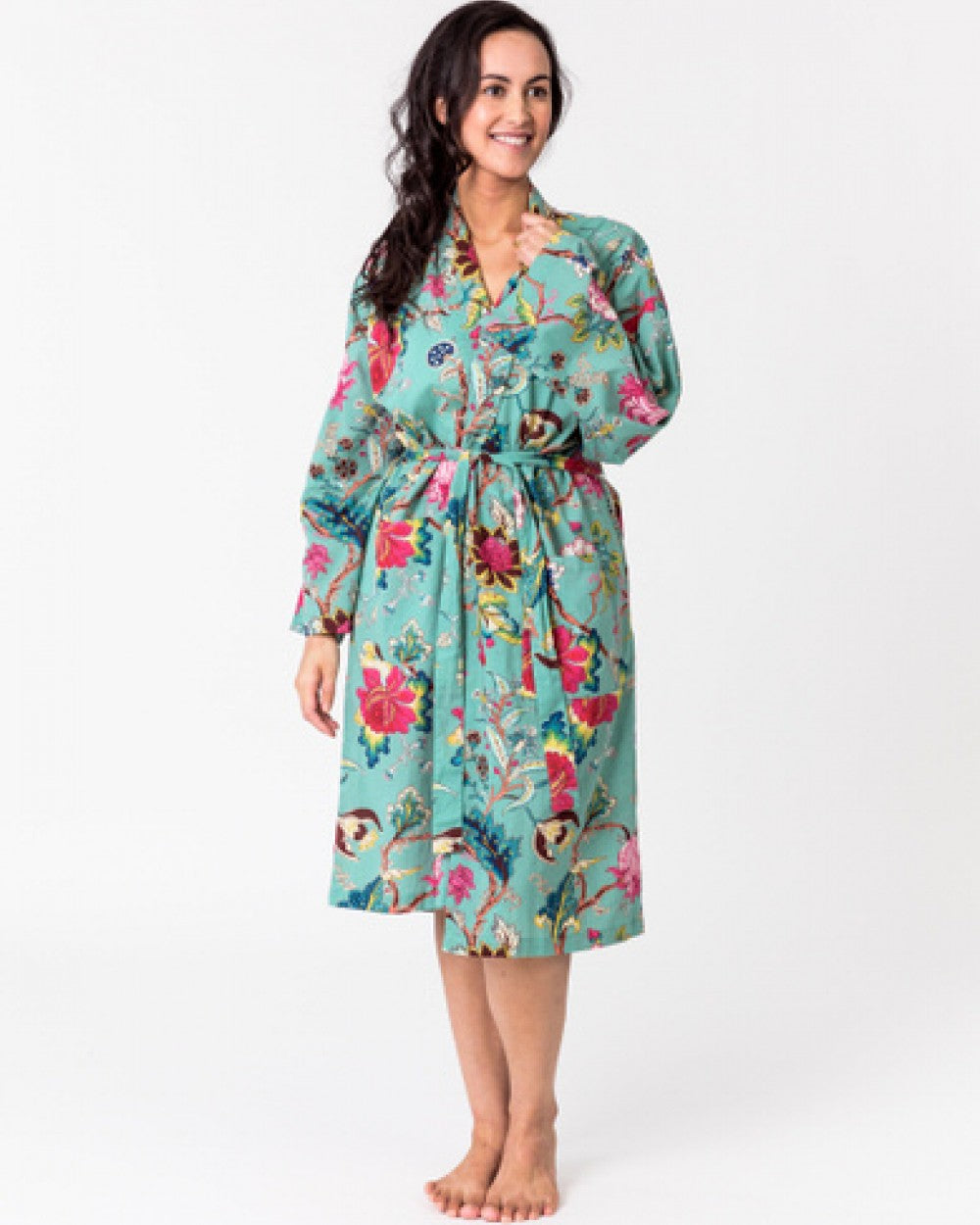 Kimono Robe Tree of Life in aqua green with a vivid botanical print