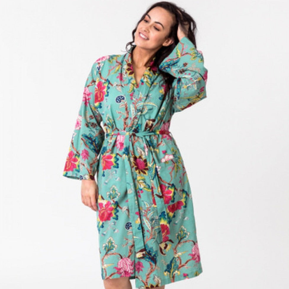 Kimono Robe Tree of Life in aqua green with a vivid botanical print