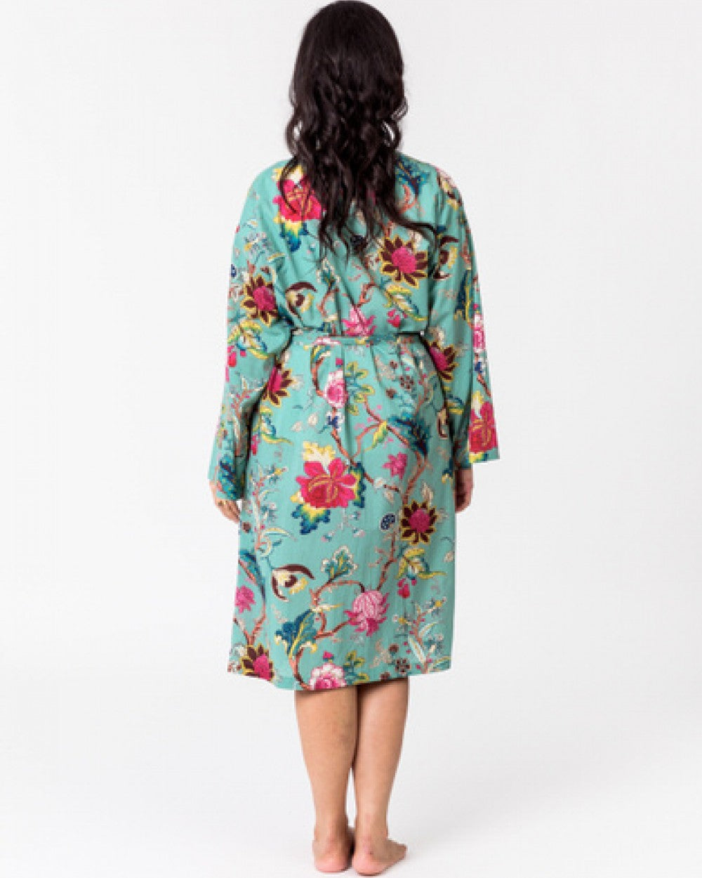 Kimono Robe Tree of Life in aqua green with a vivid botanical print