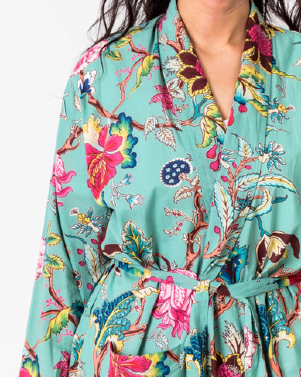 Kimono Robe Tree of Life in aqua green with a vivid botanical print