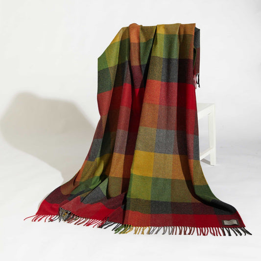 Lambswool throw in autumn check, heritage multi block throw from Foxford
