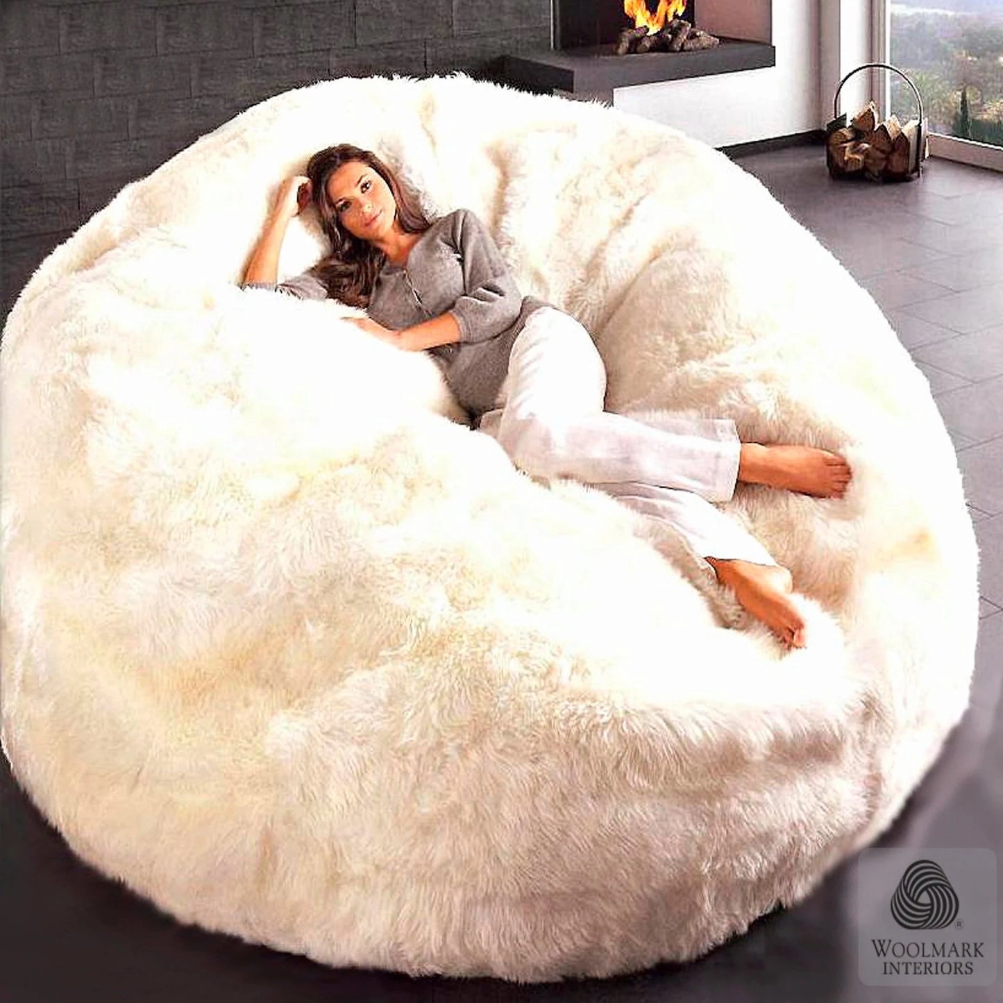 Long wool extra large sheepskin bean bag in ivory