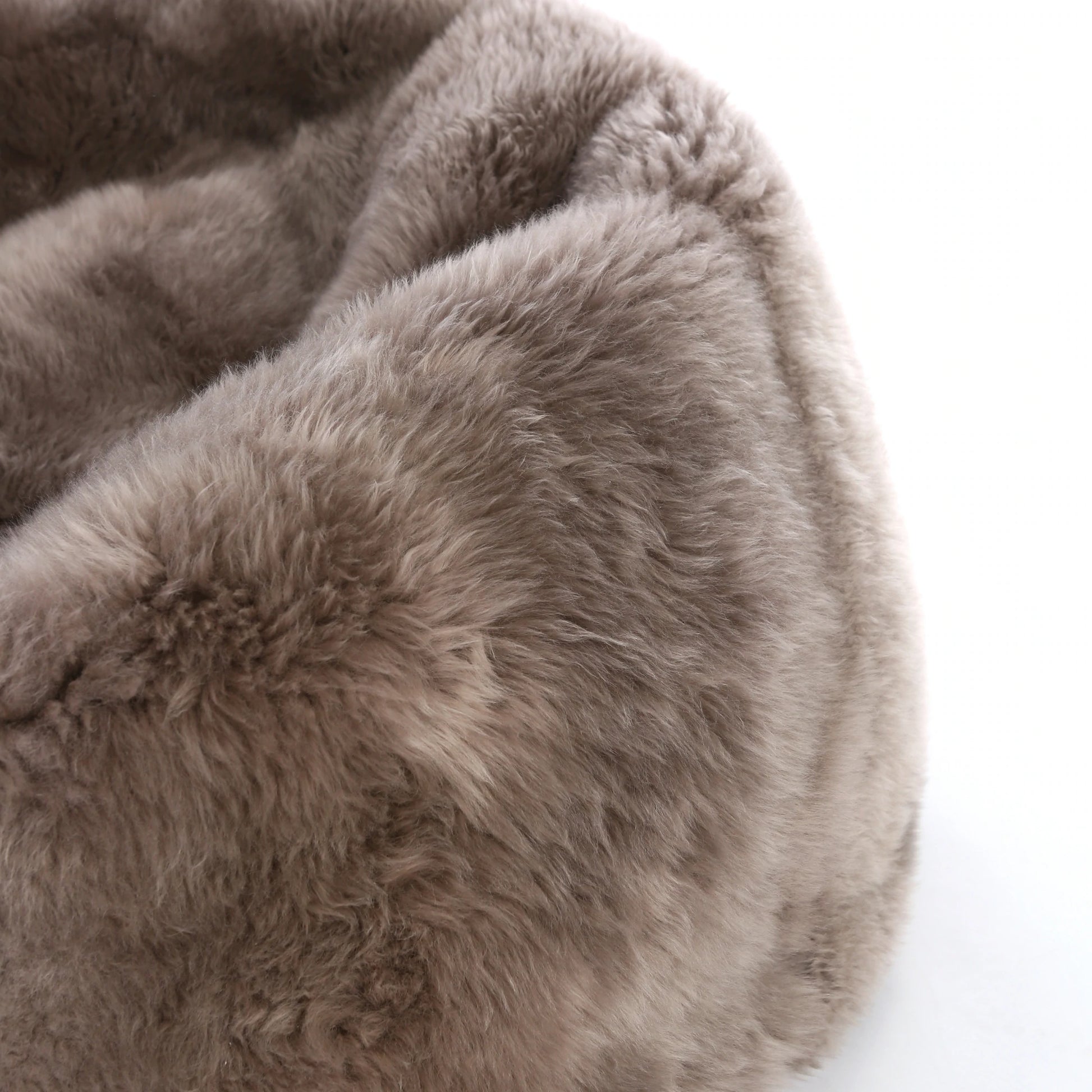 New Zealand long wool sheepskin bean bag in  Vole close up