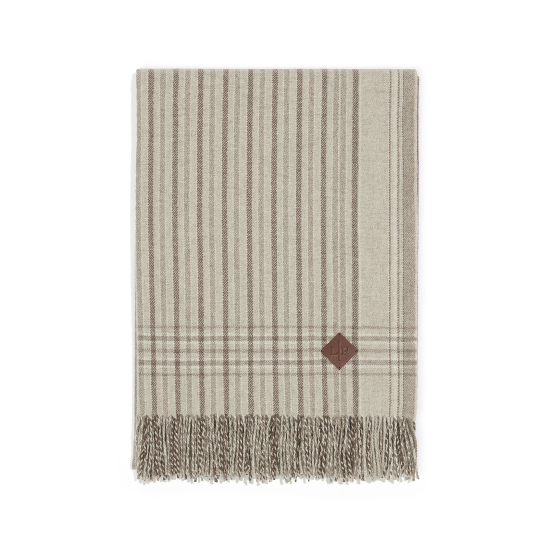 Loro Piana plaid turkana cashmere throw in cream with beige and white lines and checks with fringe