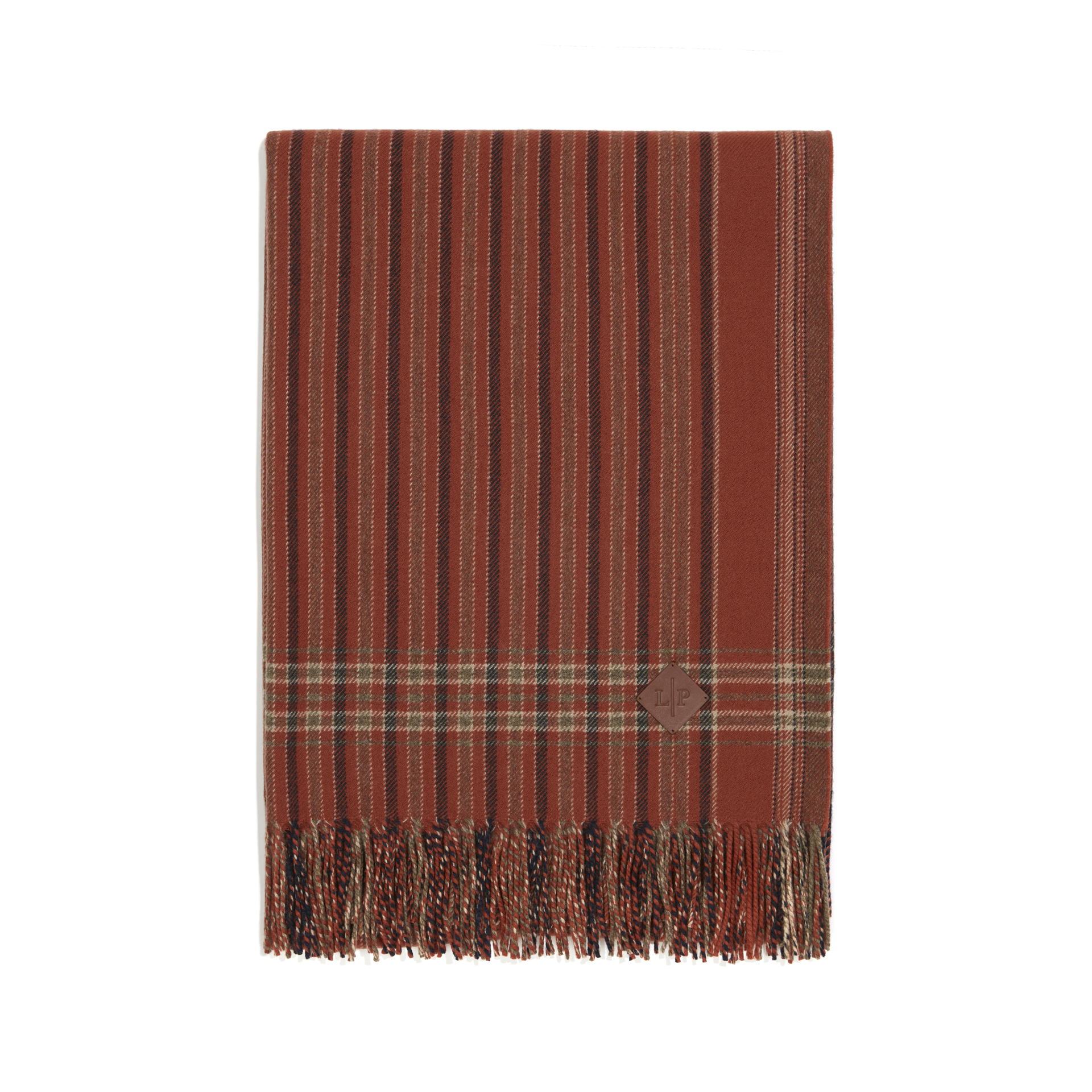Loro Piana plaid turkana cashmere throw in cream with brown and white lines and checks with fringe