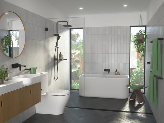 Caroma Luna Black basin mixer, overhead rail shower, bath spout and shower mixer New Zealand