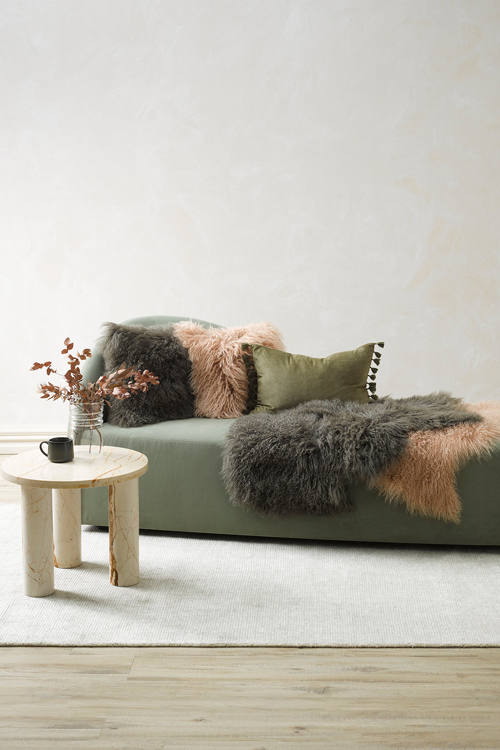 Meru Tibetan Lambs skin Fur cushion and hides - Meru in Biscotti from Mulberi | My Sanctuary NZ