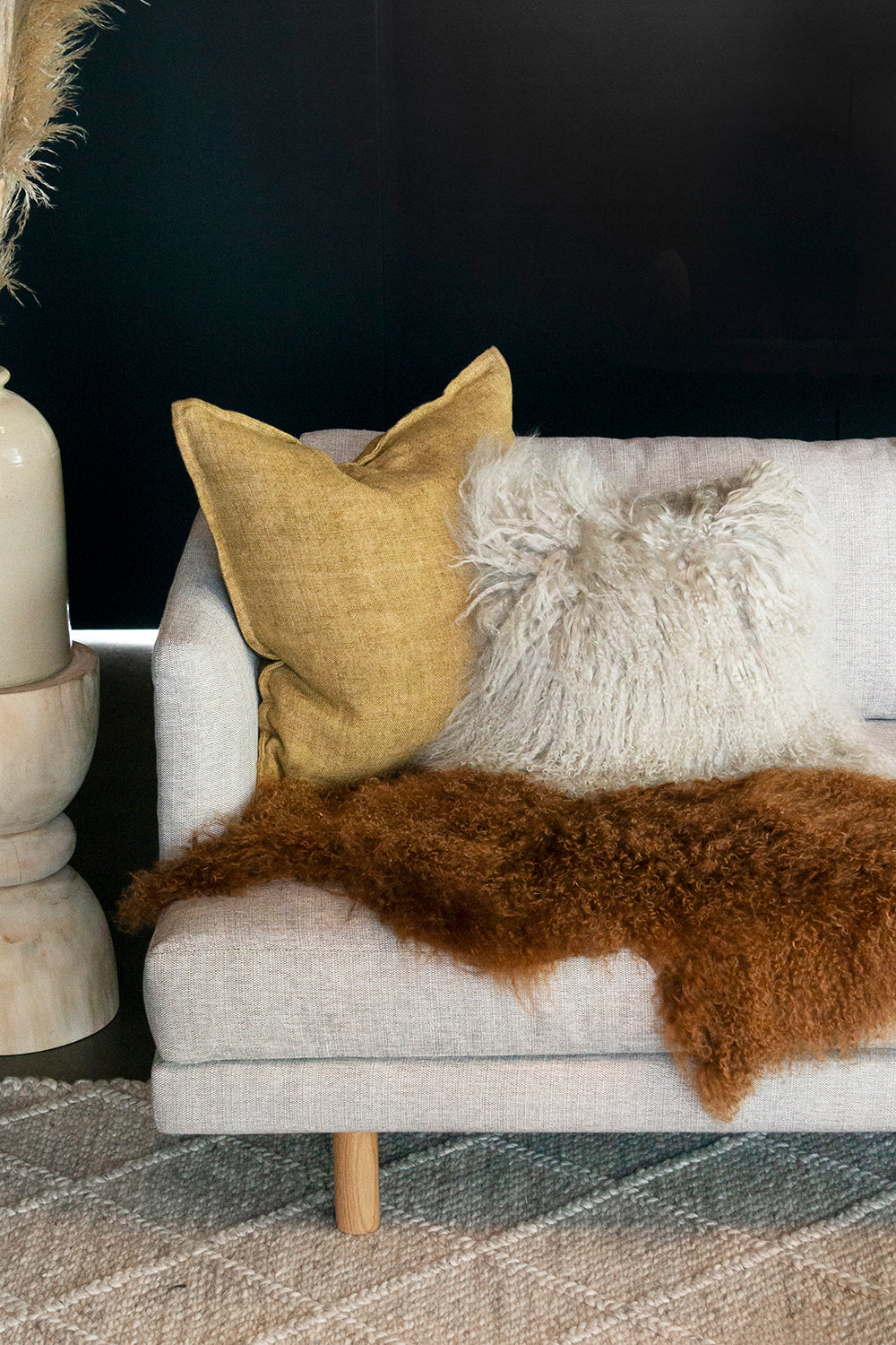 Meru Tibetan Lambs skin Fur cushion and hides - Meru in Oatmeal cream from Mulberi | My Sanctuary NZ