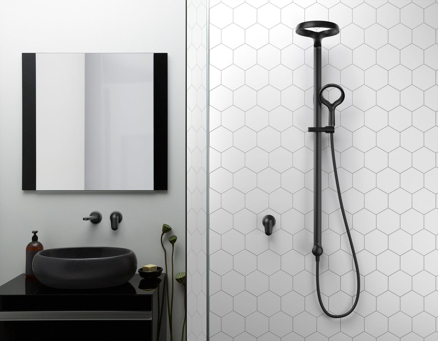 Methven Aio Shower System and wall mounted spout in Matte Black
