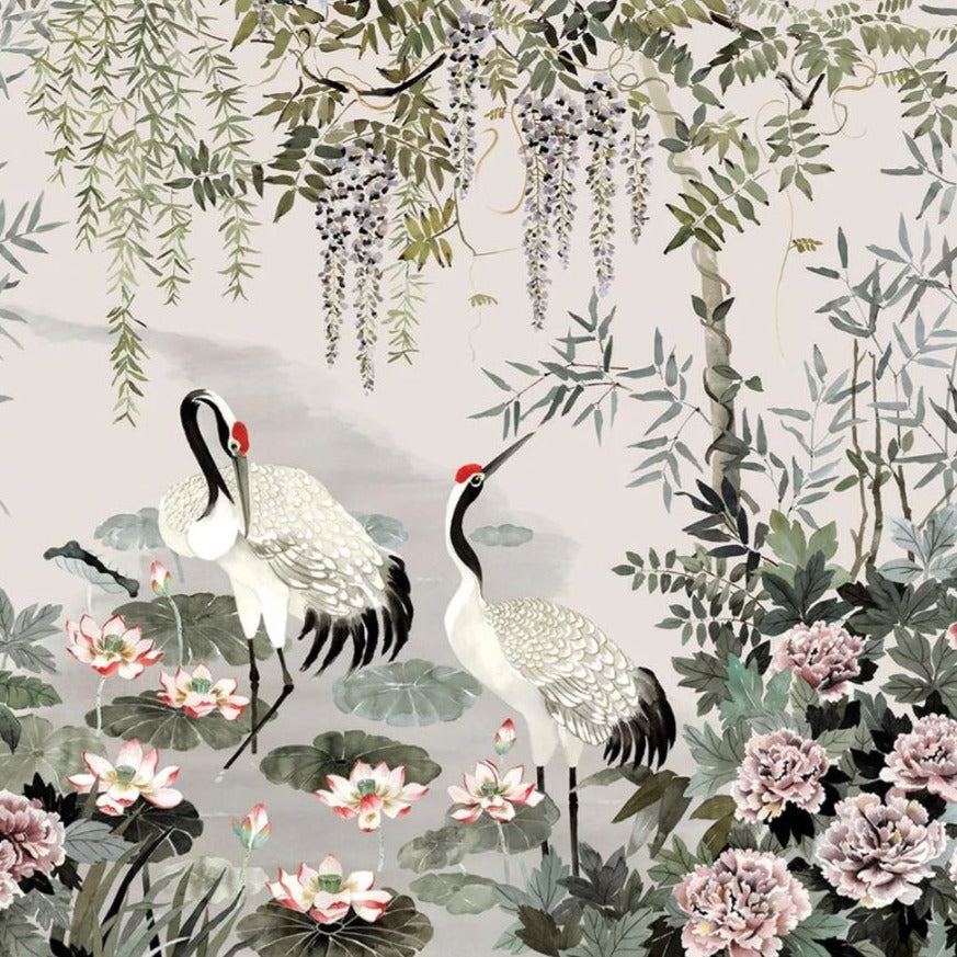 Mizu garden fabric panel from mokum featuring 2 cranes, pink peonies, wisteria and green bamboo and foliage in a serene water garden