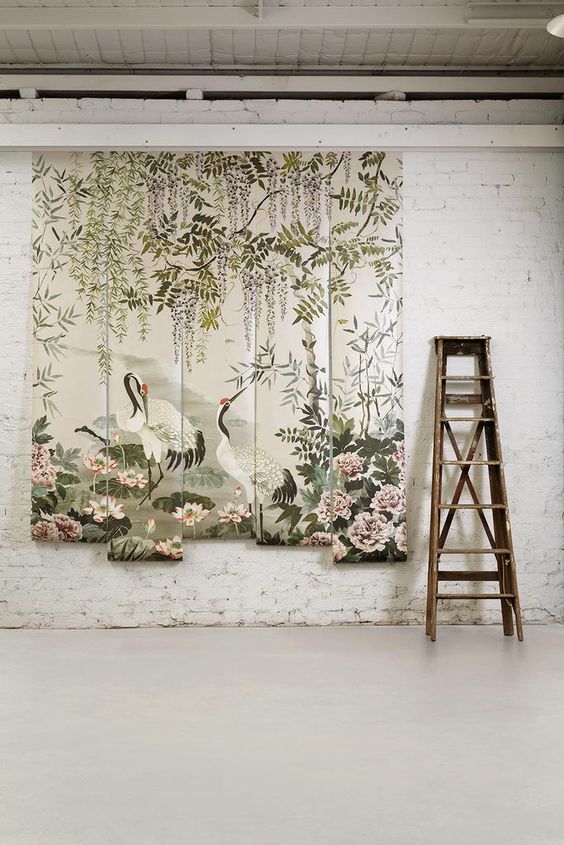 Mizu garden fabric panel from mokum featuring 2 cranes, pink peonies, wisteria and green bamboo and foliage in a serene water garden wall panels