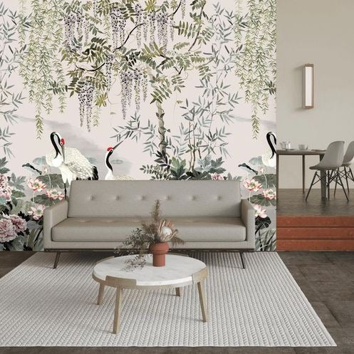 Mizu garden wall panel from mokum featuring 2 cranes, pink peonies, wisteria and green bamboo and foliage in a serene water garden