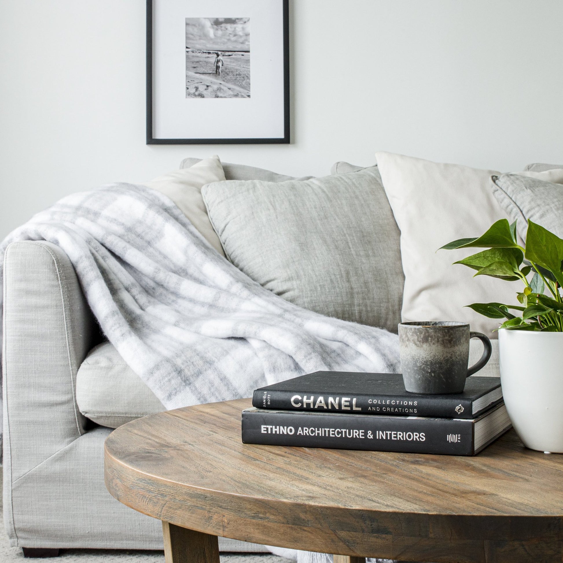 Soft Mohair luxury throws from Glamorous Goat.  Mohair throw in Tussock Tartan grey and white available at My Sanctuary