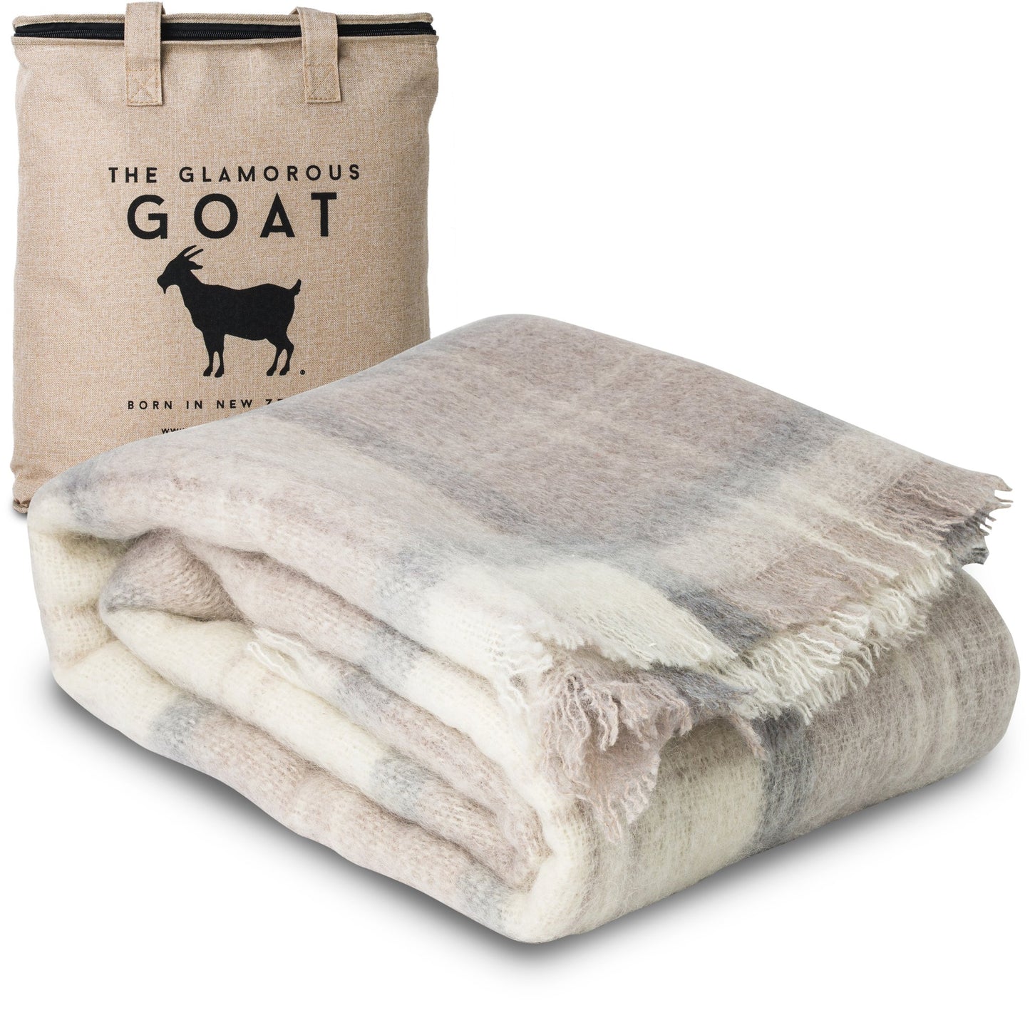 Soft Mohair luxury throws from Glamorous Goat in Wanaka Earth beige and grey chec. Angora kid mohair throws available at My Sanctuary