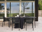 nardi net chairs around a table outside in the patio of a modern black home