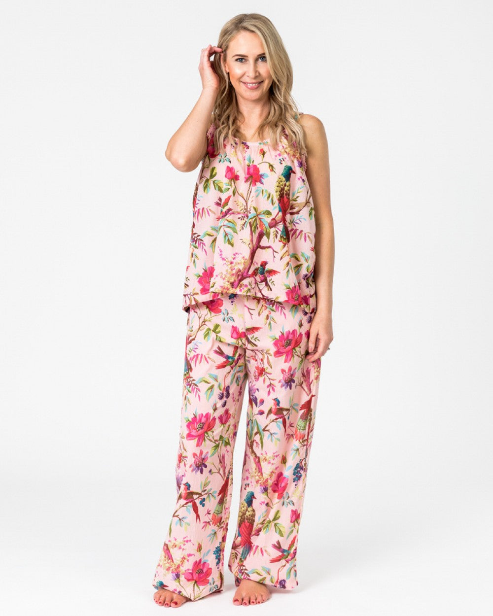 Paradise rose cotton camisole top in bird of paradise pattern