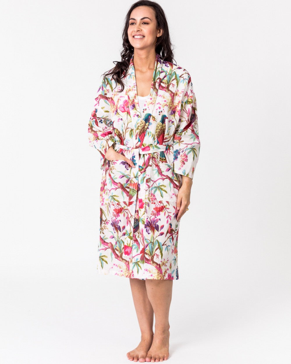 Paradise off white kimono from Floressents, bird of paradise pattern