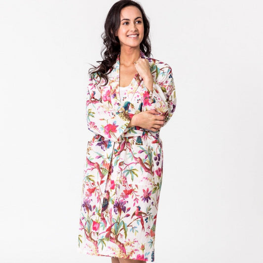 Paradise off white kimono from Floressents, bird of paradise pattern