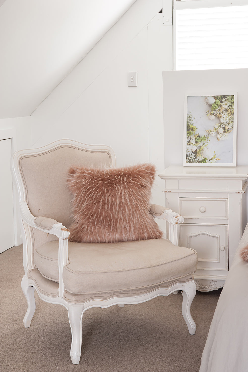 Imitation faux fur cushion in pink Peony Plume by Heirloom, Furtex. Fake fur cushions for New Zealand interiors