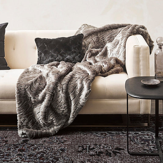 Imitation faux fur throw in Pewter Chinchilla grey textured