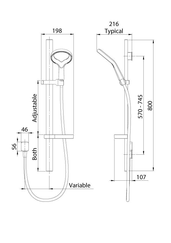 Methven Aurajet Aio Rail Shower Chrome and White  AOSRCPWH Technical Drawing