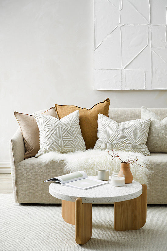 Remus cushion from Mulberi, textured geometric patterned cushion in natural with the Cassius